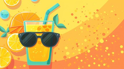Flat illustration, A beach scene with a straw in a glass of orange juice. - obrazy, fototapety, plakaty