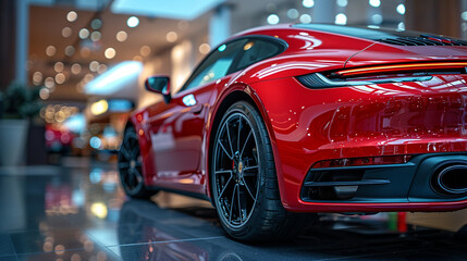 Dramatic low angle shot showcasing the muscular undercarriage and gleaming alloy wheels of a sports car in a modern, minimalist showroom - Generative AI