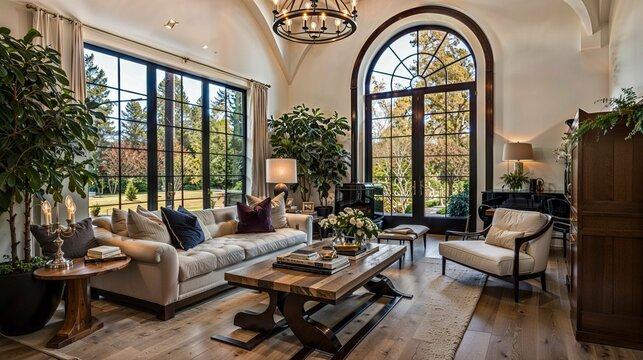 Luxurious Arched Window Living Room with Lush Garden Views