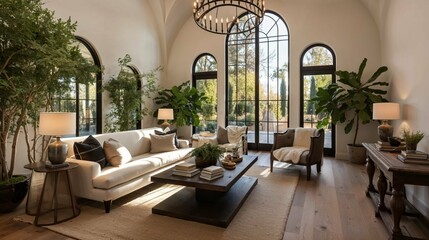 Cathedral Windows Accentuating Serene Living Room Oasis