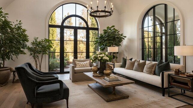 Stylish Living Room with Elegant Arched Windows and Lush Greenery