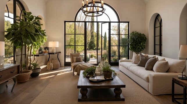 Chic Living Room with Grand Iron-framed Arched Window