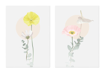 Floral poster template, poppy flowers and leaves on grey background
