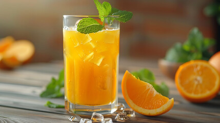 a tall glass filled with orange juice and garnished with green leaves sits on a wooden table agains