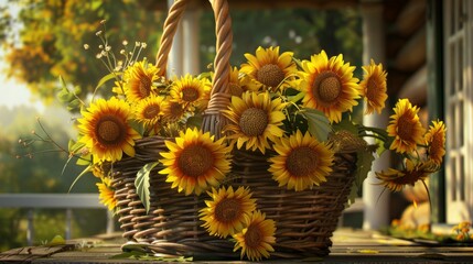 A rustic basket overflowing with freshly cut sunflowers, standing on a porch against a backdrop of a sunny farmhouse. 