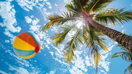 A deflated beach ball playfully stuck in the branches of a palm tree, swaying gently in the summer breeze. 
