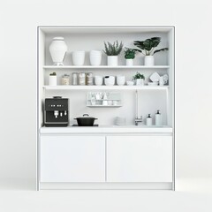 3D Render of a minimalist white kitchen with hidden storage and integrated appliances, on isolated white background, Generative AI