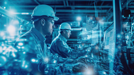 Double exposure of Engineer and worker working together in factory with technology background.