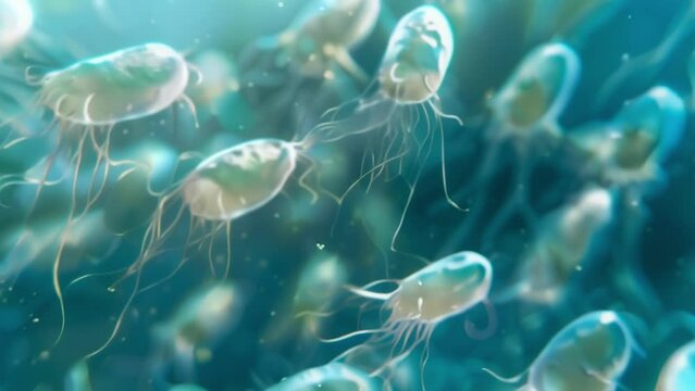 In a sample of contaminated water countless tiny organisms including Giardia and Cryptosporidium s can be seen swimming and multiplying. . AI generation.