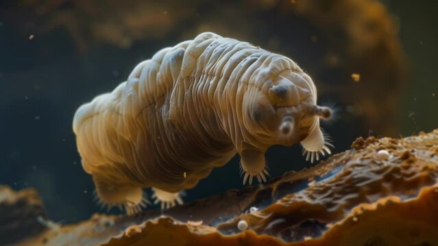 A of tardigrades is shown in a microscopic image floating in a pool of water. Despite the seemingly inhospitable environment these . AI generation.