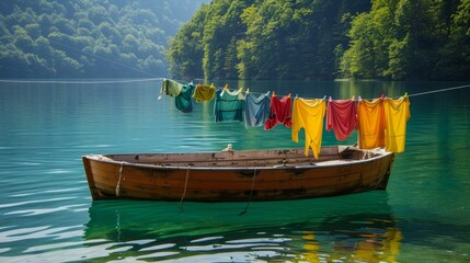 Vibrant clothing drying on a line strung across the deck of a small sailboat on a calm summer lake. 