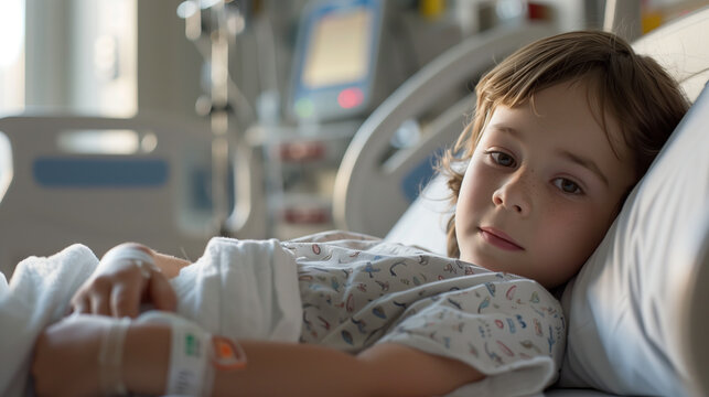 child lying in an ICU bed, recovering, text space