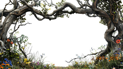 Scary creative floral frame of roots and flowers on transparent background 