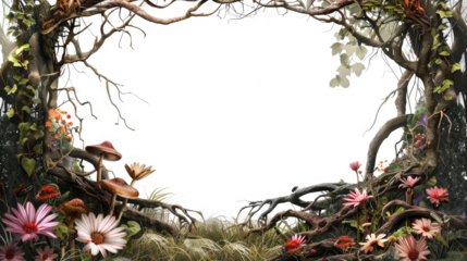 Scary creative floral frame of roots and flowers on transparent background 