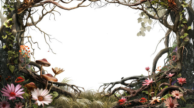 Scary creative floral frame of roots and flowers on transparent background 