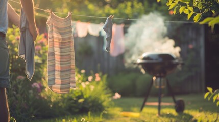 A person hanging clothes on a line in the backyard while a grill smokes in the background, hinting at a summer cookout.
