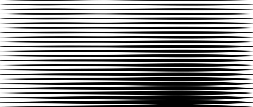 Line halftone gradient texture. Vibrating horizontal gradation background. Repeated stripe pattern backdrop. Black parallel thin to thick stripe backdrop for overlay, print, cover. Vector