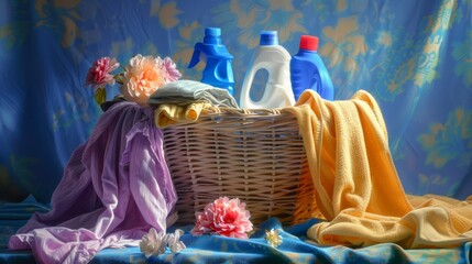 A laundry detergent bottles, softener sprays, and a wicker basket overflowing with colorful clothes.