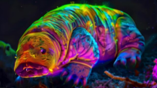 A colorful fluorescent image of a water bears cells showing its unique adaptations for surviving in extremes. The cells appear to . AI generation.