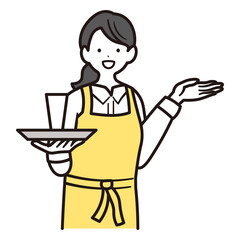 案内をするカフェで働く黄色いエプロンをした女性スタッフの上半身イラスト素材