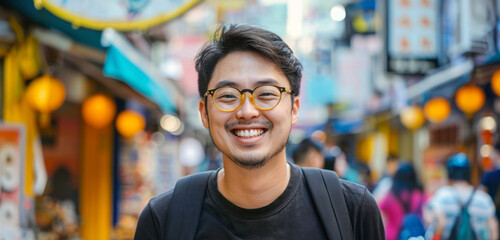 Portrait of young Asian man wearing sunglasses smiling and walking in the city street