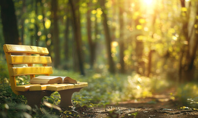 Wooden bench with book on it in the forest with golden sun rays and bokeh effect, natural ecological background for your product