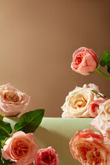 Various roses with pink color arranged around empty white pedestal on brown background. Front view photo with space for advertising or designing
