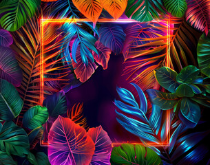Vibrant neon blue, green and purple tropical leaves and plants, neon square glowing frame, abstract banner, background