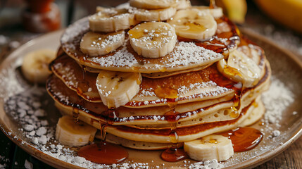 pancakes topped with sliced bananas and syrup on a plate