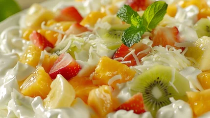 Gordijnen Close up of whipped cream and fruit salad © 2rogan