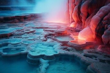 Glowing Hot Spring Gradients: Steamy Water Gradation Delights - obrazy, fototapety, plakaty