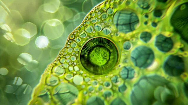 A detailed snapshot of a euglenoid undergoing photosynthesis with a green chloroplast visible within its cell body. . AI generation.