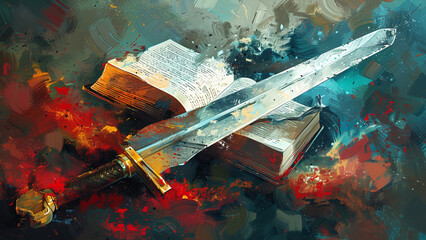 Bible and Sword: Digital Illustration of Spiritual Warfare and Faith, Harnessing Strength Inspiring Concept of Bible and Sword in Artwork