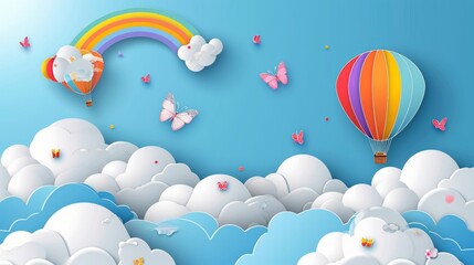 Beautiful fluffy clouds on blue sky background with summer sun, butterfly, hot air balloons and rainbow. Vector illustration. Paper cut style.  