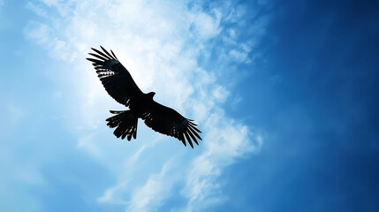 a black bird soars through a clear blue sky, with a white cloud in the background