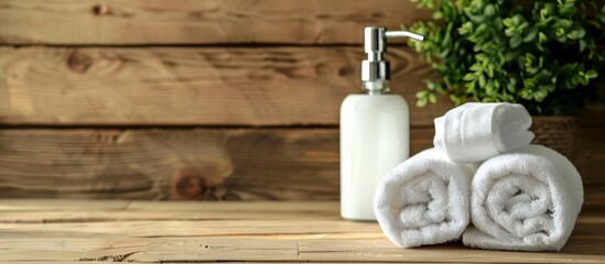 Fototapeta na wymiar Towels and a bottle of moisturizing lotion are placed on a rustic wooden table for skincare routine