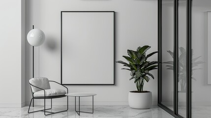 minimalist interior with blank frame mock up on wall