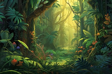 Fototapeta na wymiar Lush Rainforest Canopy Gradients: Tropical Foliage Spectrum Cast at Dawn