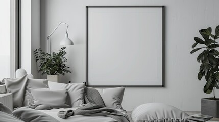 minimalist interior with blank frame mock up on wall