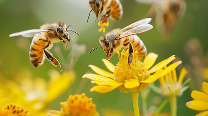 a group of bees gather around a cluster of yellow flowers