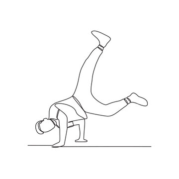 One continuous line drawing of a breakdancing people vector design illustration. Breakdancing consists of four main elements : Toprock, Downrock, Power moves and Freezes. Breakdancing design concept.