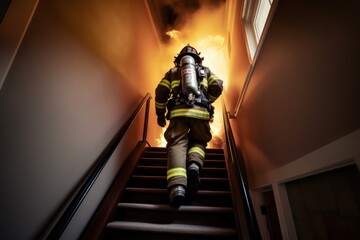 Firefighter running up the stairs fire clothing apparel.