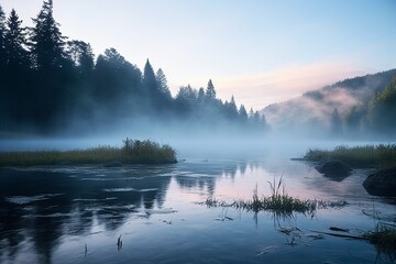 Morning Mist Gradients: Tranquil Lake Water Reflections