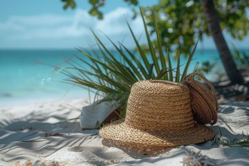 A straw hat is laying on the sand next to a book