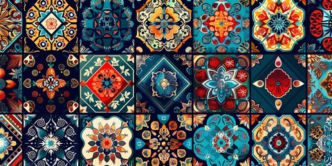 A ethnic patchwork seamless design with geometric backdrop and square shape vector illustrations with vibrant colors for background, Generative AI.
