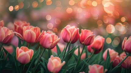 Pink tulips in field with lights bokeh