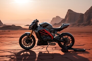 Obraz na płótnie Canvas Black sports motorbike in the mountains desert at sunset.