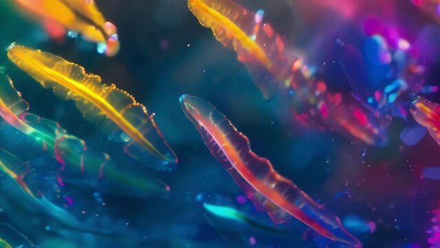 A striking rainbowcolored image of multiple nematodes moving in a synchronized motion. The vibrant hues highlight the delicate threadlike . AI generation.