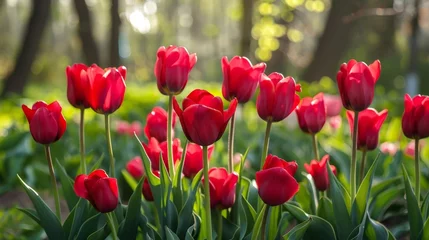Gordijnen Many red tulips in green grass field © The 2R Artificiality