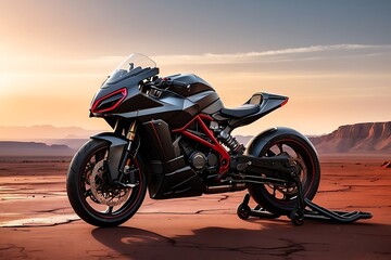 Black sports motorbike in the mountains desert at sunset.